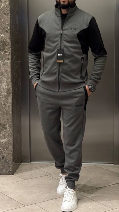HUGO BOSS серый мужской спортивный костюм оригинал черный зип худи
