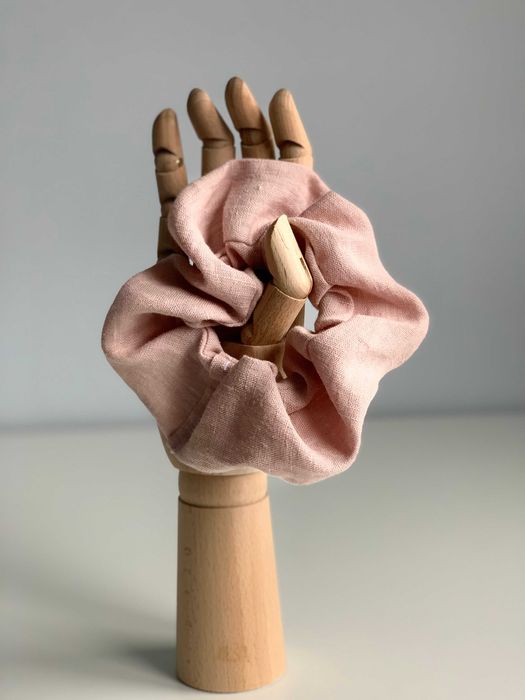 Gumka do włosów, scrunchie, len różowy, HANDMADE