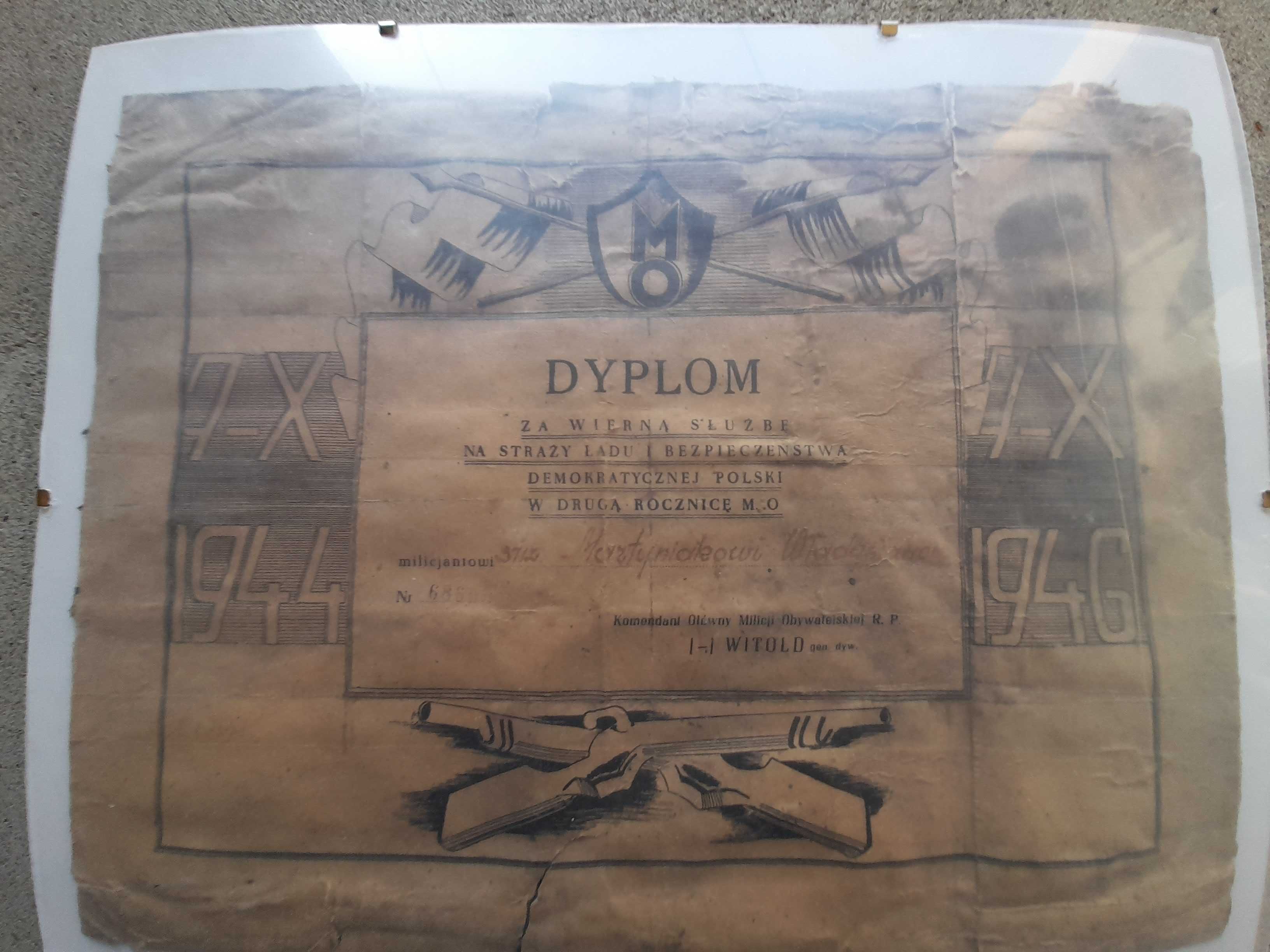 Mo milicja 1946 dyplom KGMO RP zamiast PRL ps. Witold. Oryginalny
