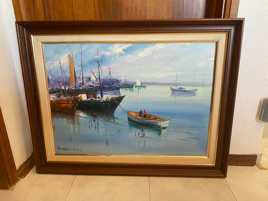 Quadro original–cena marítima com barcos (assinado) 85,8 × 66,2 cm