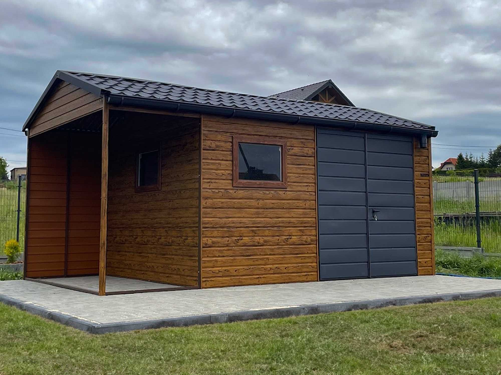 Domek ogrodowy 4x3m + wiatka Okno Blachodachówka Rynna - złoty/grafit