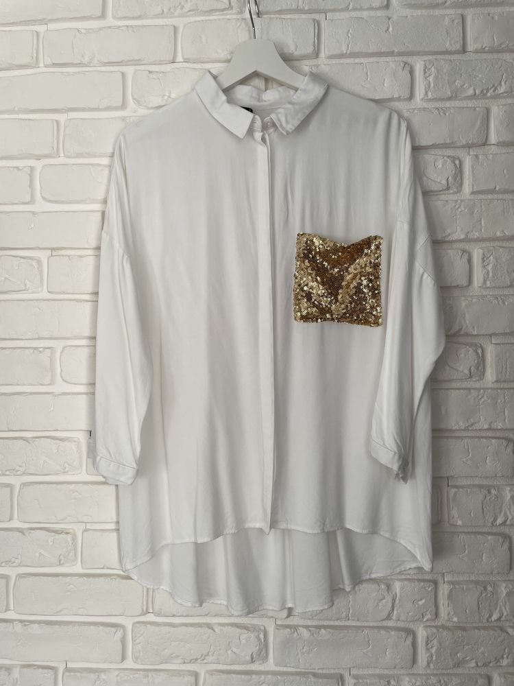 Biała koszula z kieszonką złote cekiny rękaw 3/4 Mohito XL 42