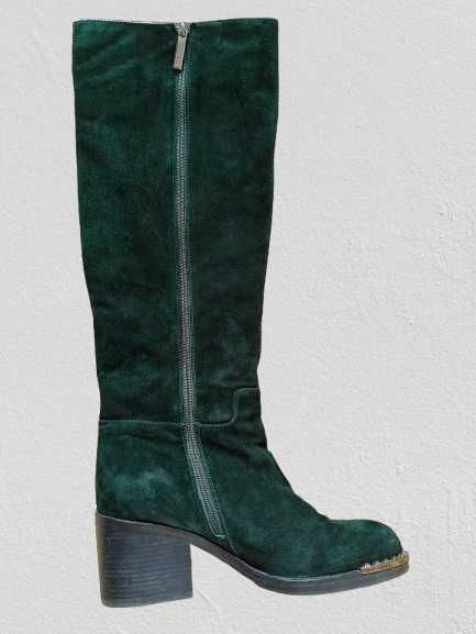 Kozaki damskie WitMooni 39 – ciemnozielone, naturalny zamsz, ocieplane
