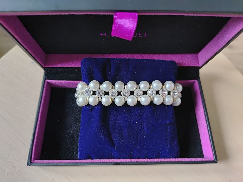 Podwójna bransoletka z pereł i cyrkoni ślubna balowa piękna elegancka