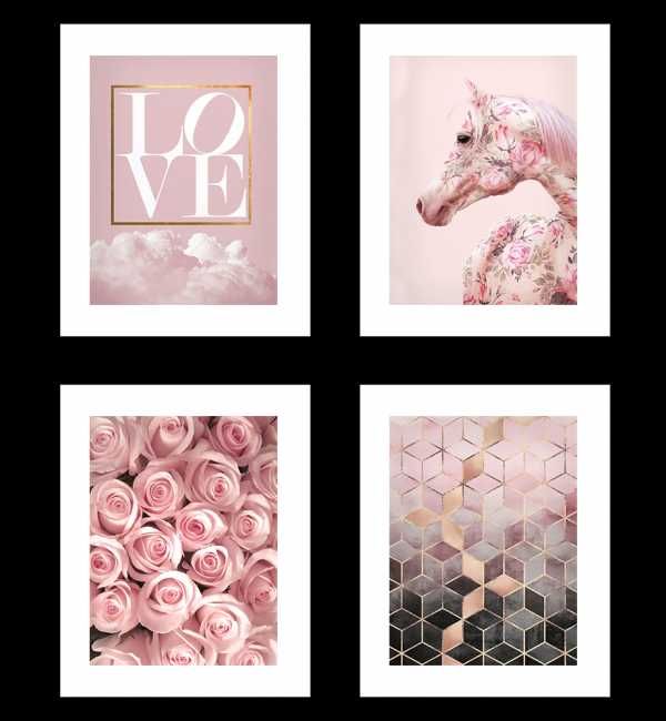 Różowe Plakaty z Różami, Koniem i Napisem Love
