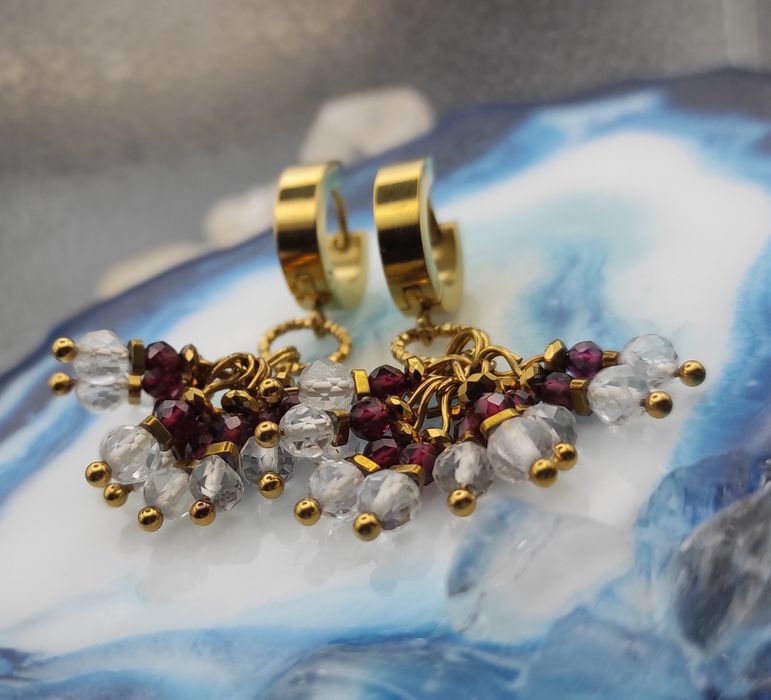 Unikatowe kolczyki kamienie naturalne Granat / Kryształ górski