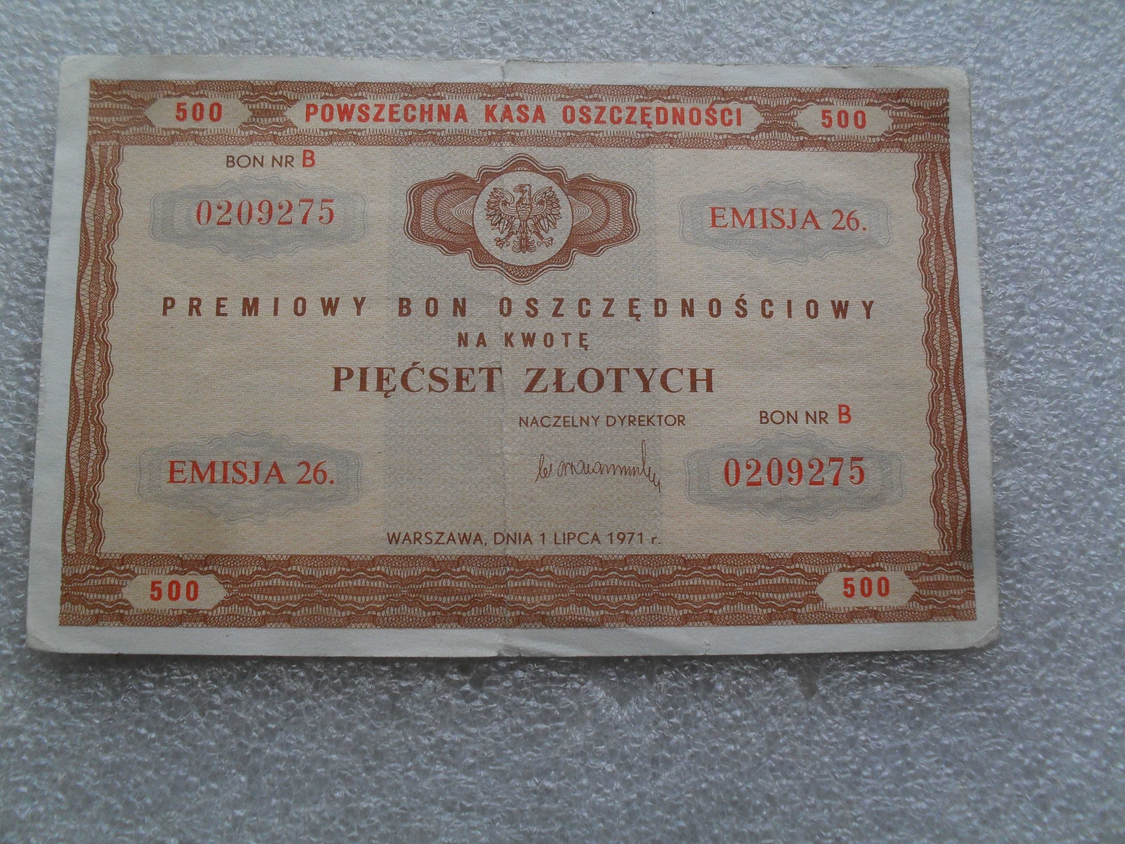 Pamiątka z PRL bon 500 złotych