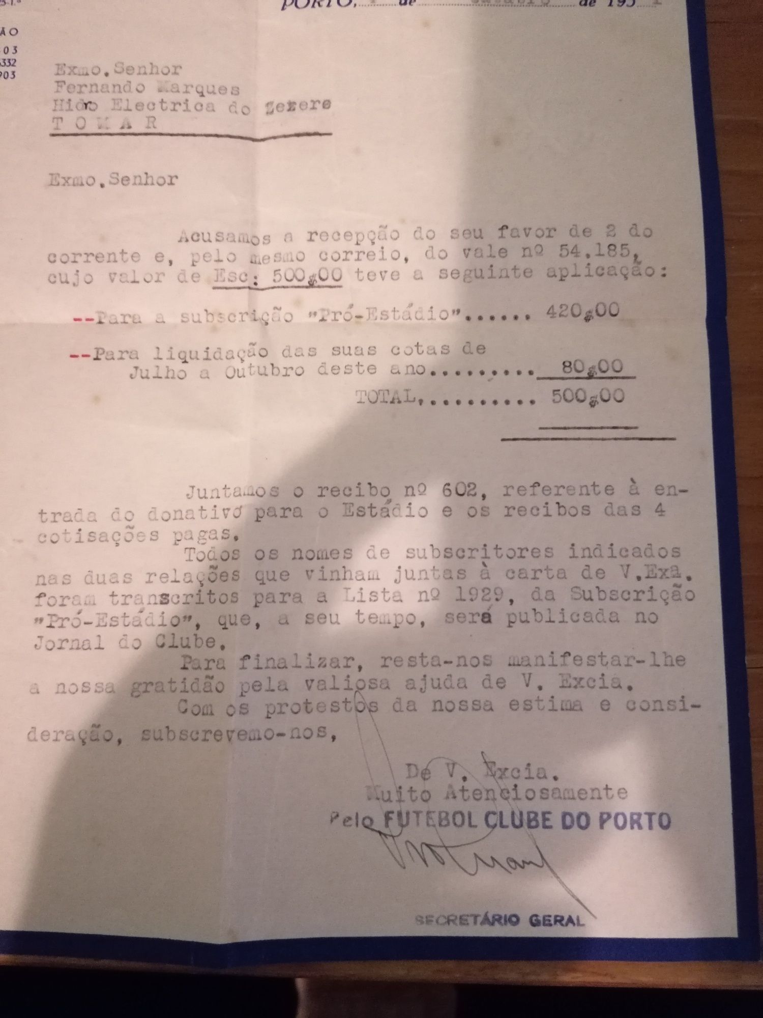 FCP Donativo 1951 para Estadio Antas