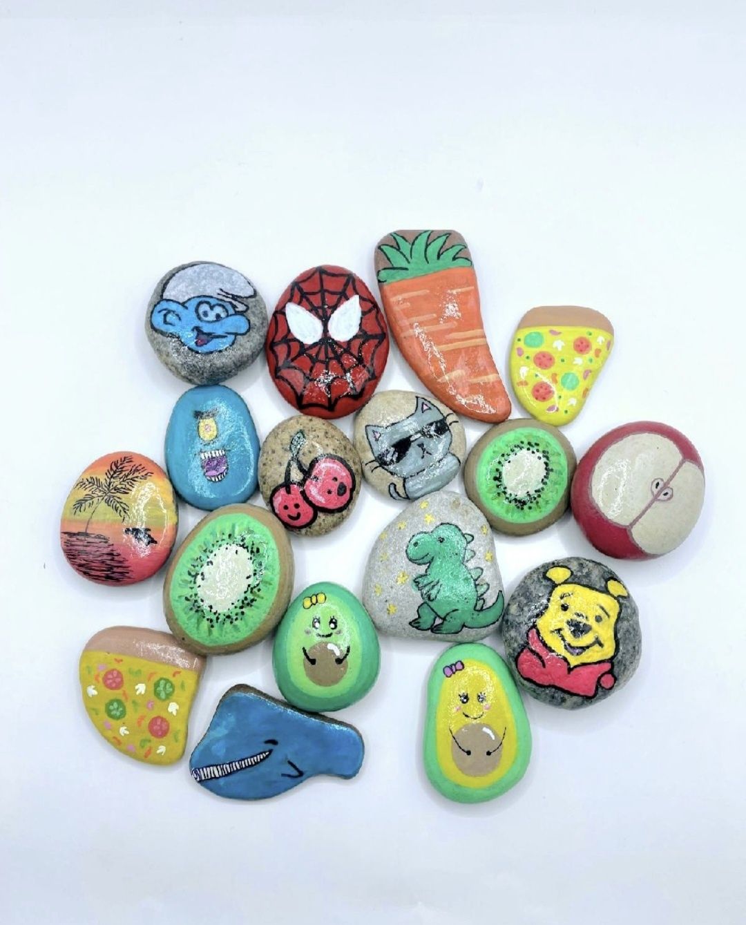 Kamyczki kamienie ręcznie malowane pizza spiderman awokado kiwi kotek