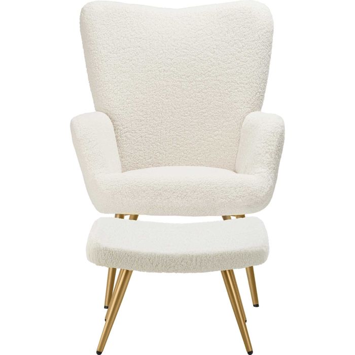 Fotel Hygge Bouclé kremowy/złoty Ze stołkiem OUTLET