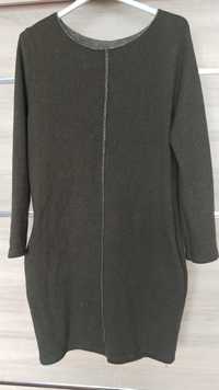 Sukienka tunika swetrowa khaki M L srebrna nitka kieszenie elastyczna