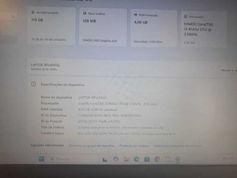 Portátil LENOVO Intel Core i3-8145U CPU 2,10GHz,4,00 GB RAM, Gráf128MB