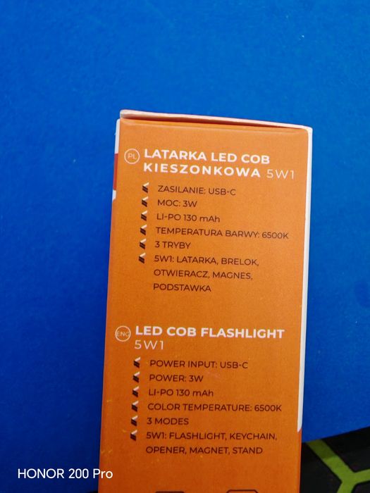 Latarka LED COB kieszonkowa. 6500k. 5w1