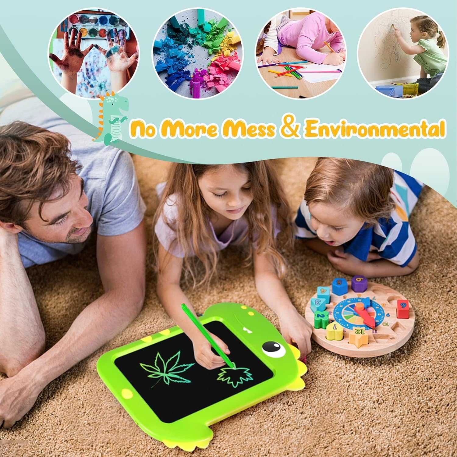 Kizplays Tablica do pisania LCD tablet dla dzieci dinozaur zielony
