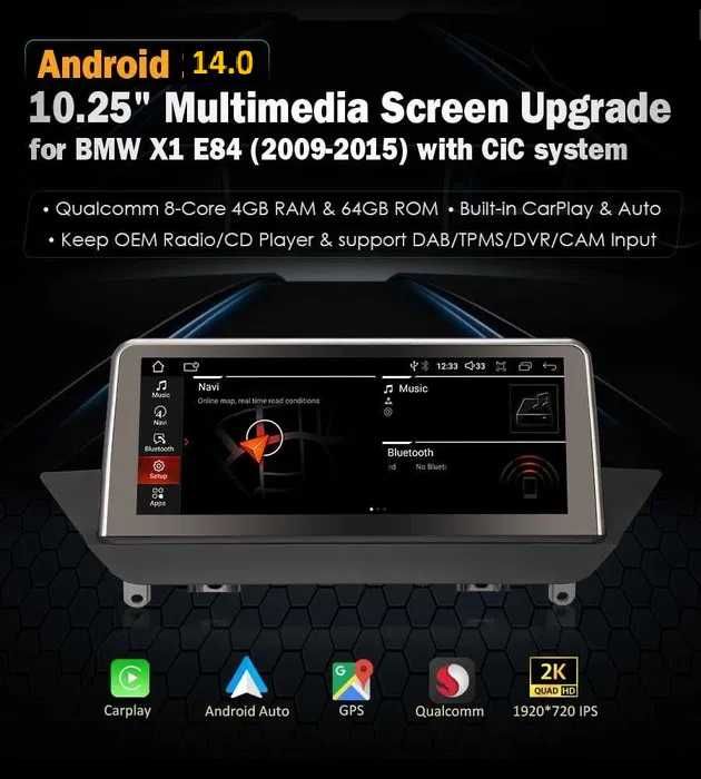 Auto-rádio 10.25" 12.3" Android 14 BMW X1 E84 CIC 2009 a 2015