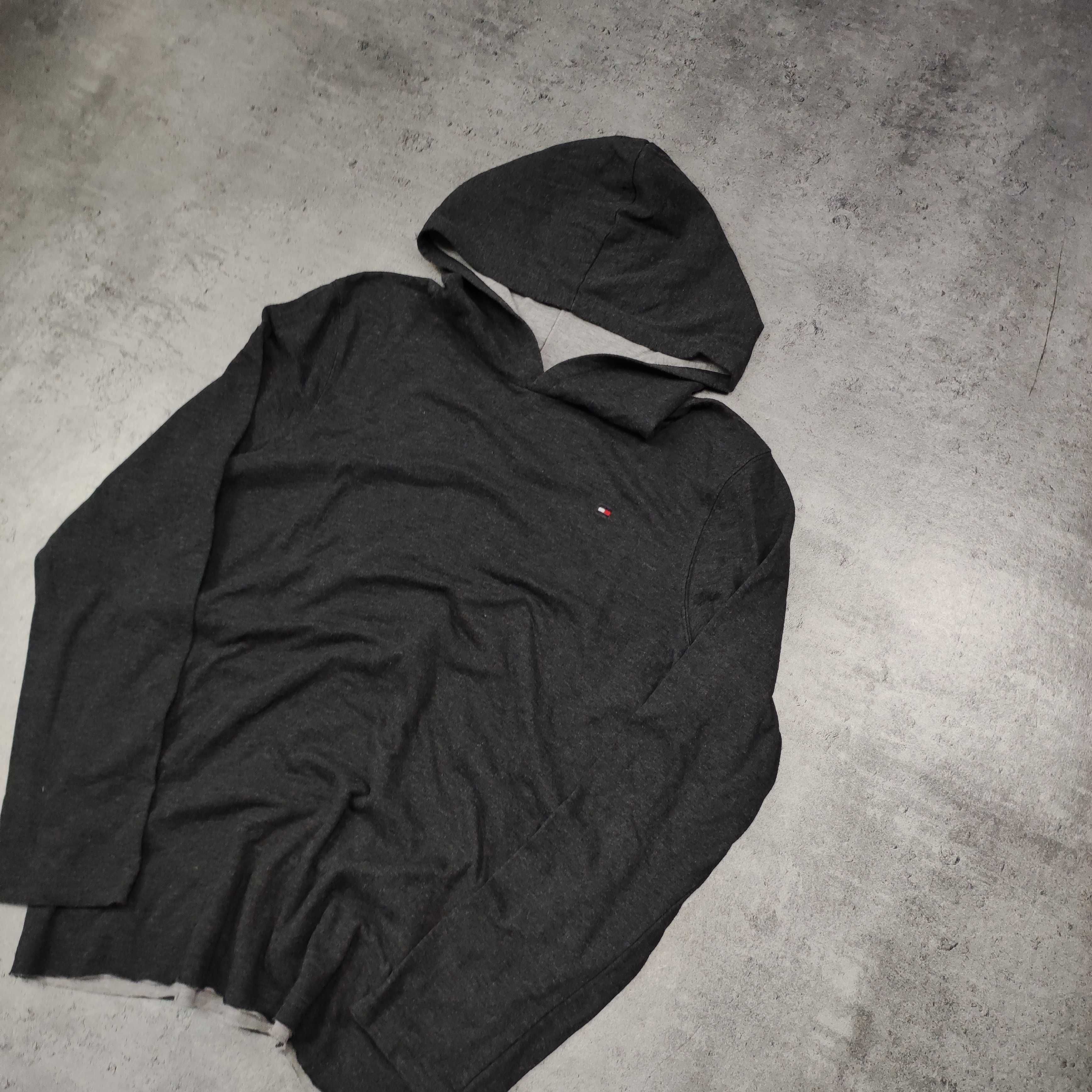 MĘSKA Lekka Bluza z Kapturem Hoodie Ciemno Szara Tommy Hilfiger Haft