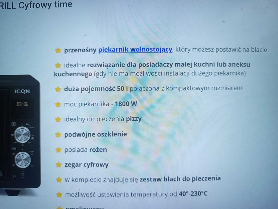 Piekarnik elektryczny, wolnostojący, 50l. Rożno, grill, cyfrowy time