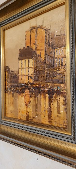Obraz olejny – paryska ulica w deszczu, piękna rama, 38x45 cm