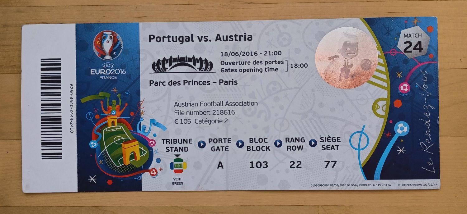 Raro bilhete Portugal Áustria Euro 2016