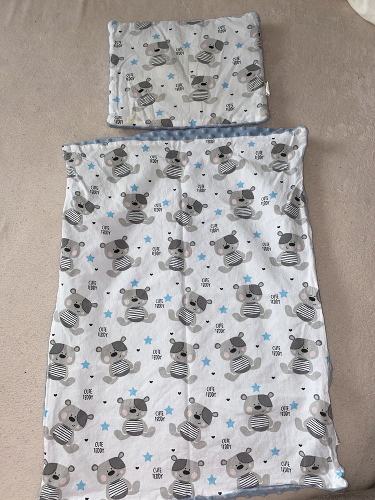 Komplet kocyk płaska poduszka Minky bawełna dla chłopczyka