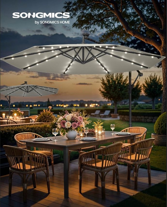 Beżowy parasol ogrodowy SONGMICS 3m z solarnymi LED GPU118M01