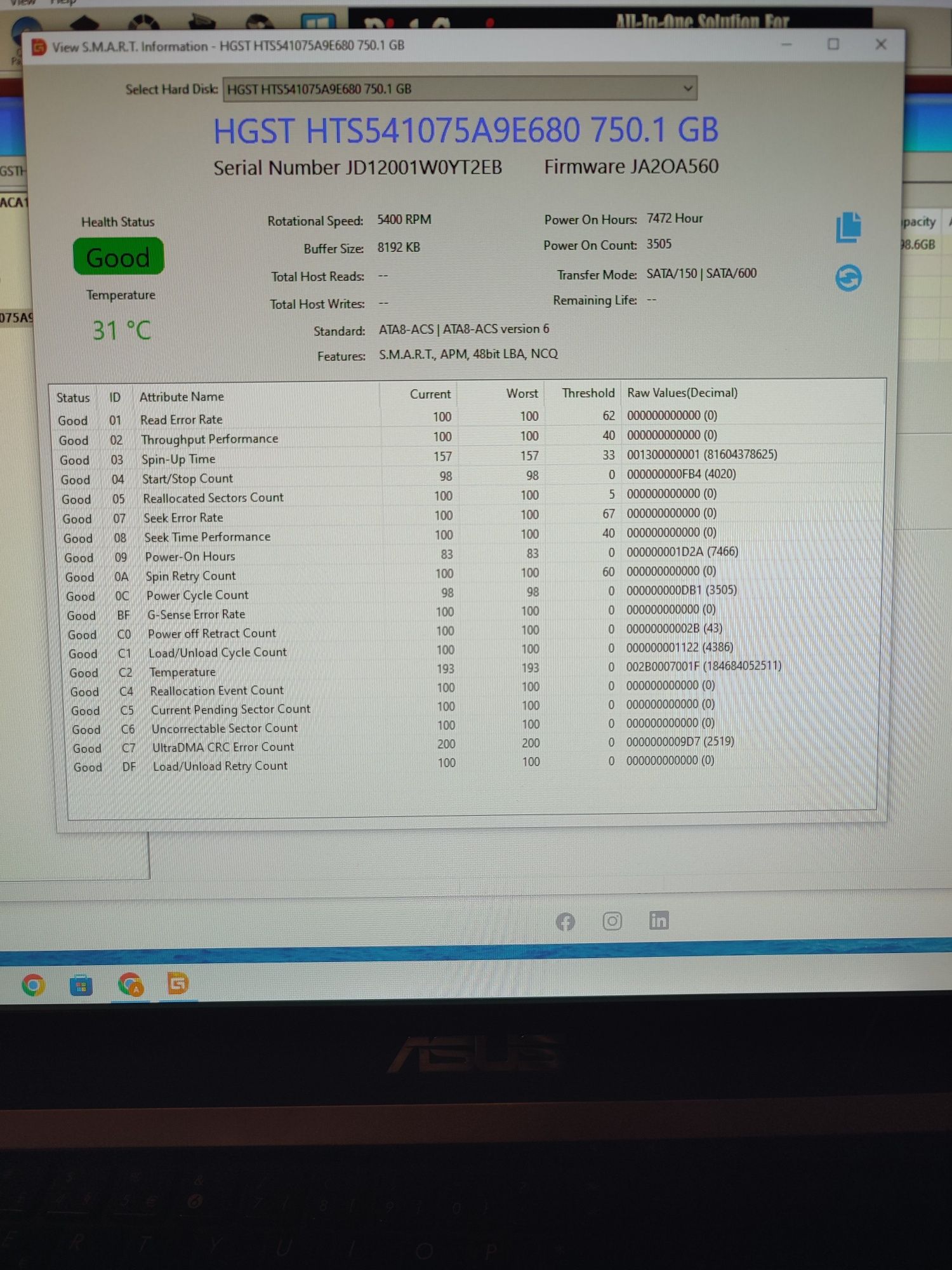 Disco rígido 2,5" HGST 750GB usado