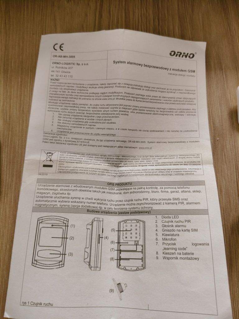 Alarm czujnik bezprzewodowy orno