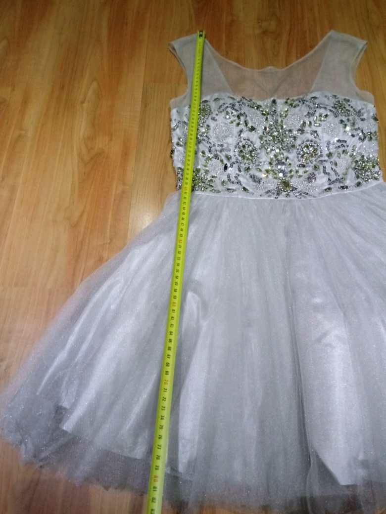 Sukienka Forever Unique ASOS srebrna szara tiul kryształki r.36
