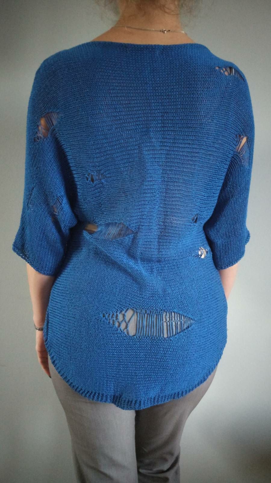 Sweter sznurkowy kobaltowy niebieski asymetryczny S/M vintage