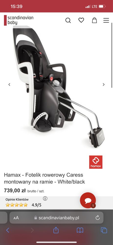 Fotelik rowerowy tylny Hamax Caress AS4850 dla dziecka