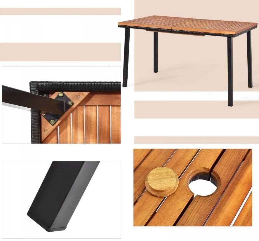 Stół Costway drewno+rattan prostokątny z otworem na parasol 140x75x76
