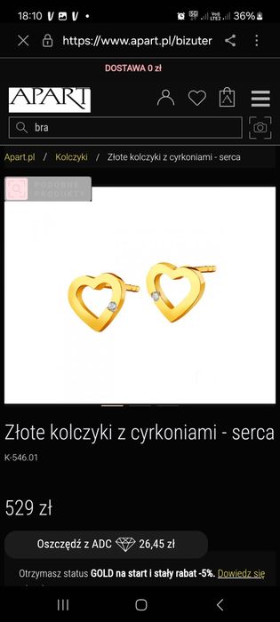 Złote kolczyki Apart 333 8k serduszka serca sztyfty cyrkonie