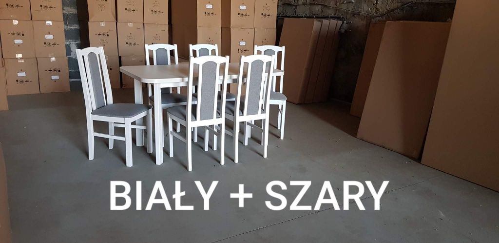 Nowe: Stół 80x140/180 + 6 krzeseł, biały+szary, dostawa PL