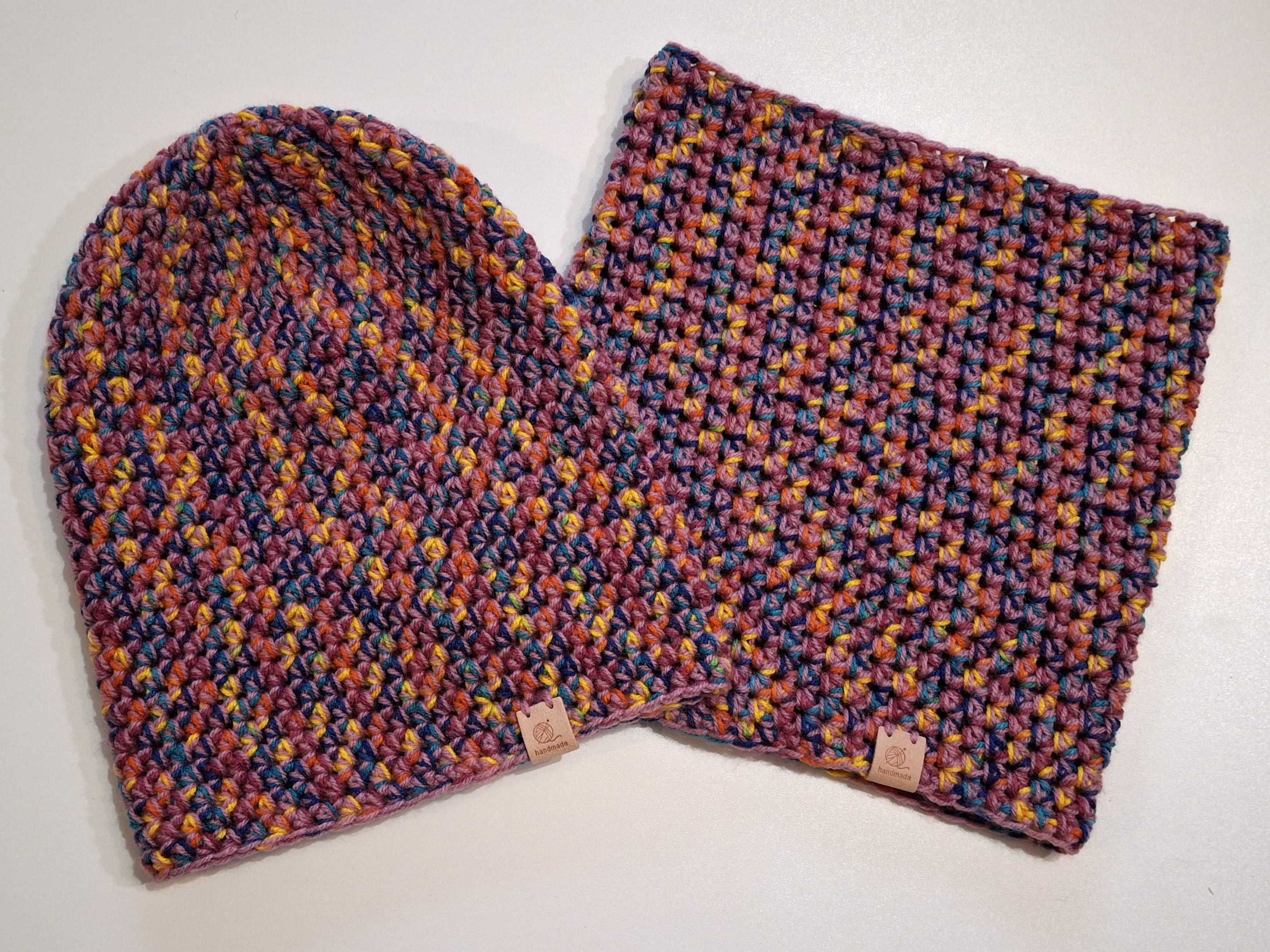 Kolorowy zestaw czapka smerfetka z wysokim kominem handmade