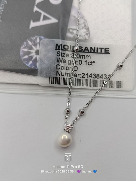 Nowy naszyjnik z moissanitem 0,1ct + perły naturalne słodkowodne S925