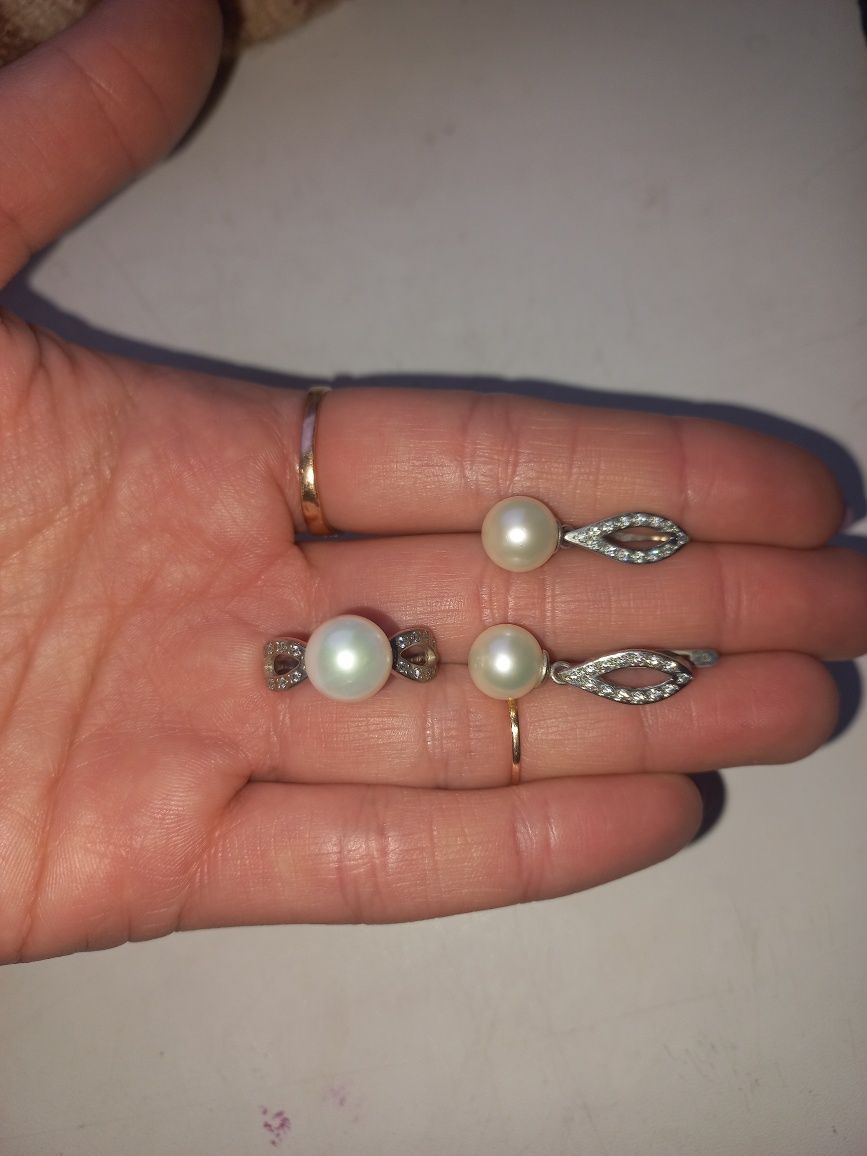 Набор кольцо и серьги серебро с жемчугом набір сережки каблучка перли