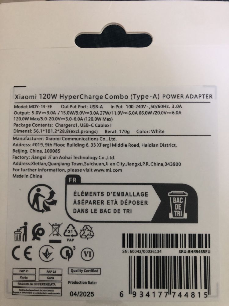 Oryginalna ładowarka Xiaomi 120w Hyper Charge typ-A z kablem box