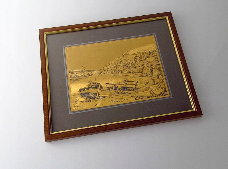 ciekawy stary metalizowany obrazek kutry łodzie