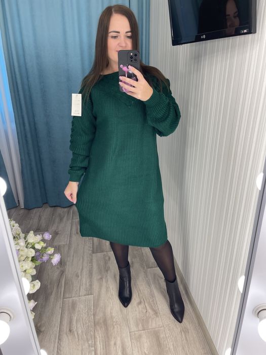 Женское вязаное платье 42-54 батал пудра,голубой Жіноча тепла сукня