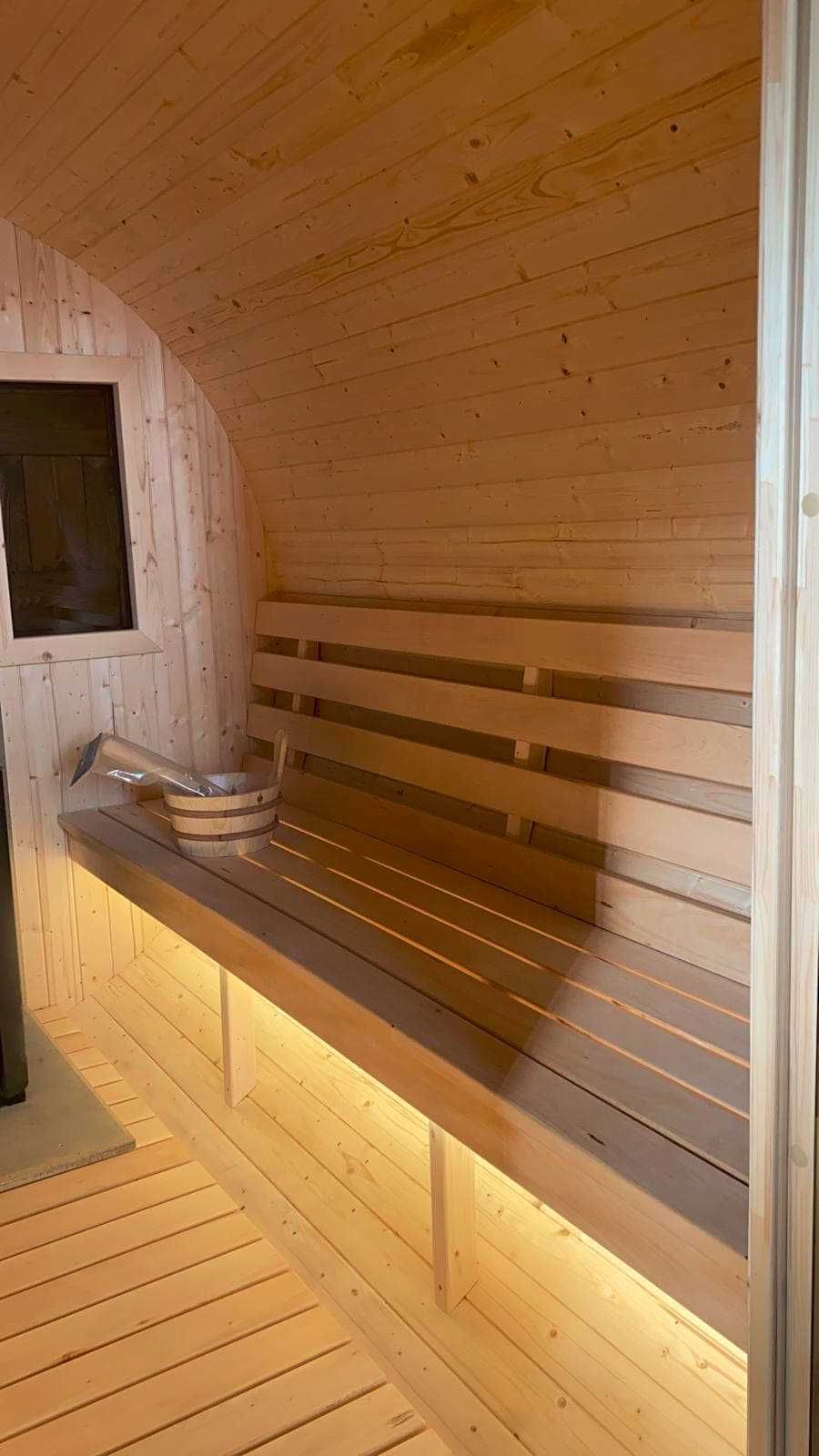 Sauna beczka, 300-400cm, przedsionek, taras, przeszklenia, led!