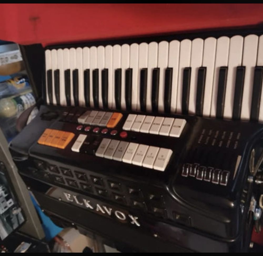 Acordeao Elkavox acustico e eletronico 120baixos, registos