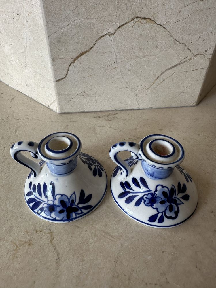 Dwa swieczniki niebieskie wzory handmade kaganki