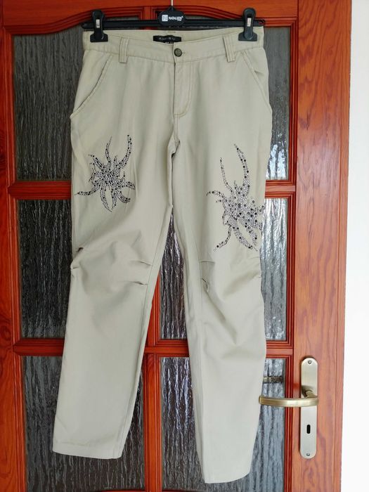 Beżowe bawełniane proste spodnie z cekinami, rozmiar 34 / 36