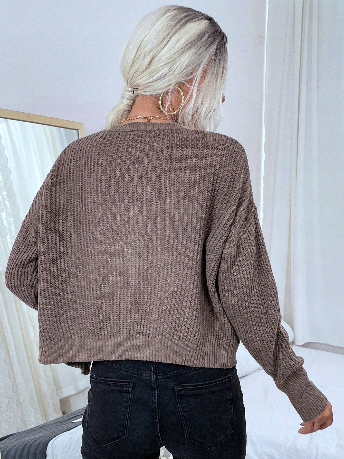 Kardigan Bez Zapięcia Krótki Z Kieszeniami Brązowy Casual Shein L 40