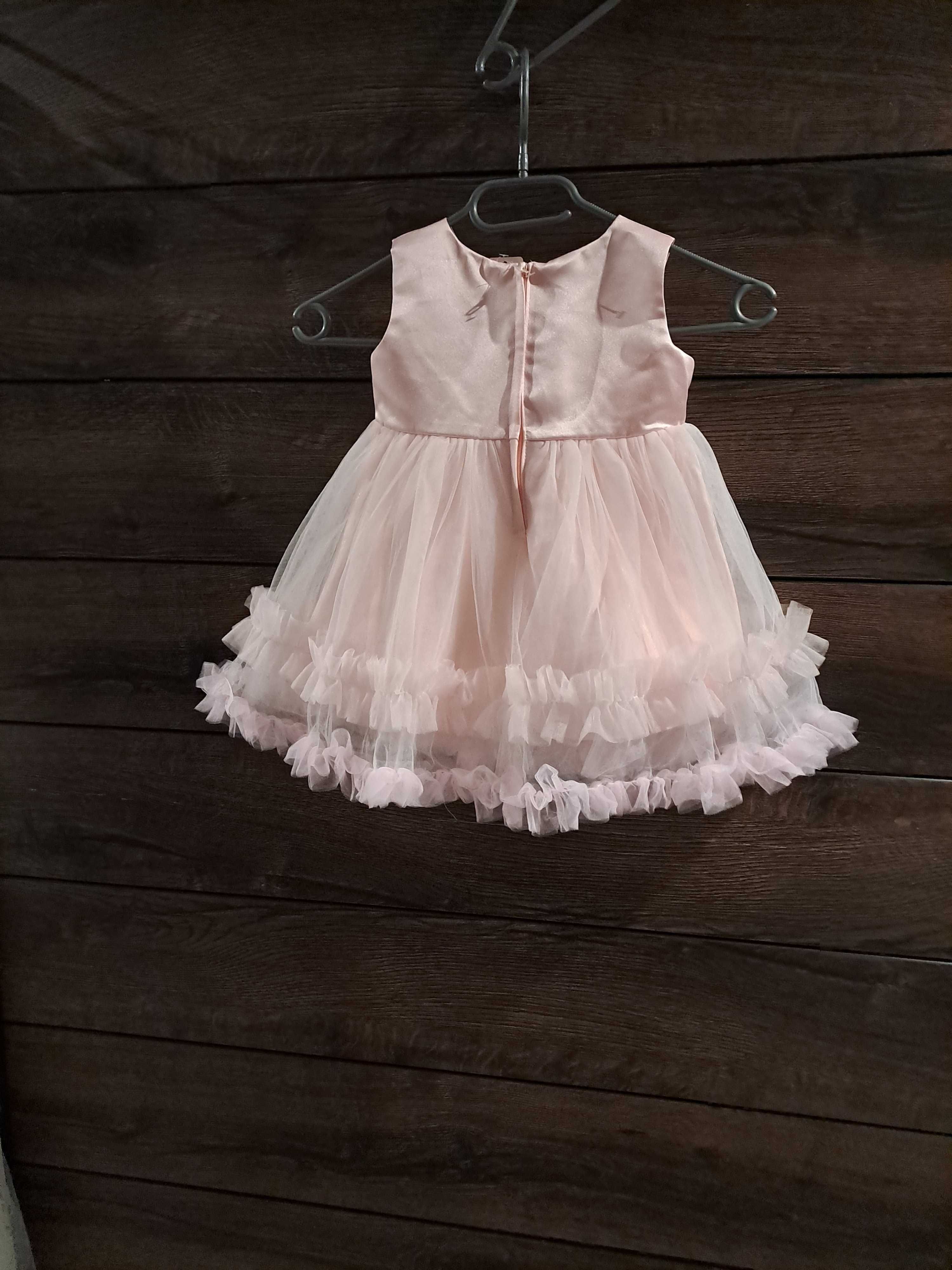 Nowa sukienka dla dziewczynki pudrowy róz z falbanką tiulowa 1-2 lata