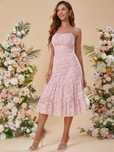 Sukienka Koktajlowa Żakardowa Midi Dusty Pink M 38