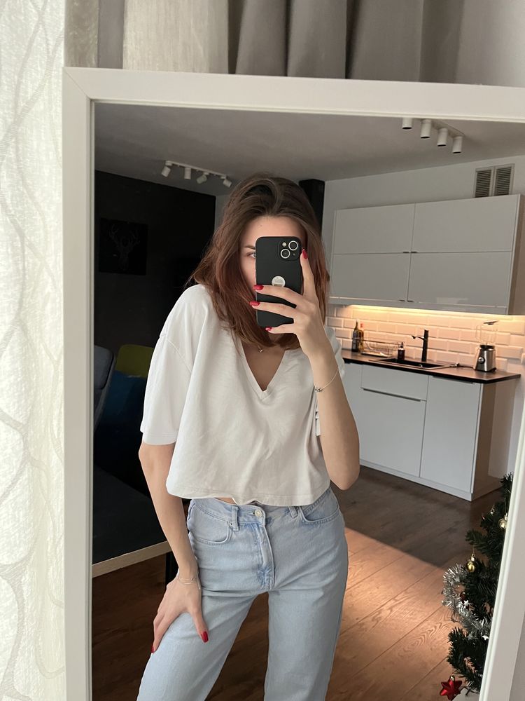 Zara koszulka krótka biała S dekolt V crop top t-short bluzka