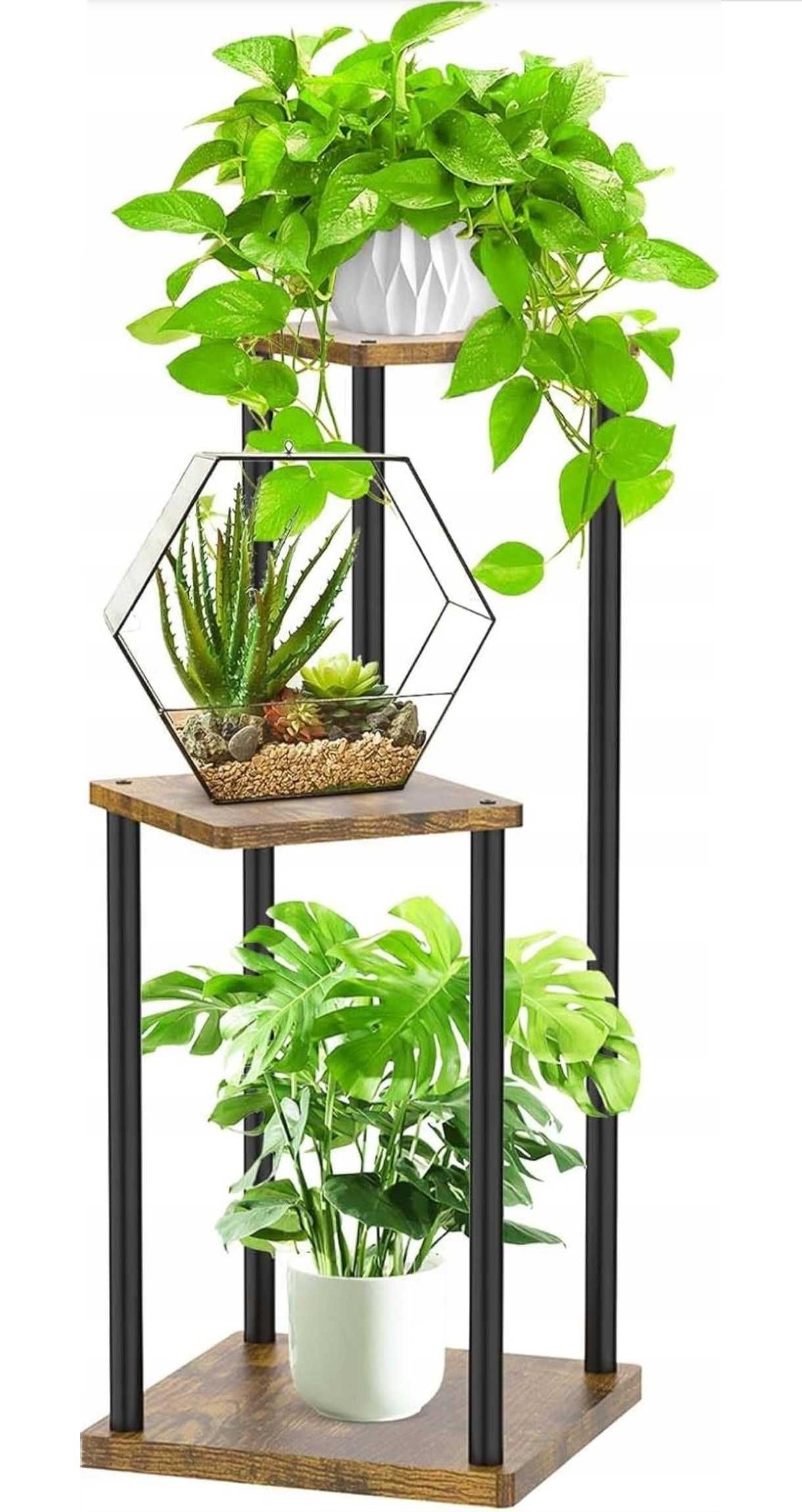 Trzypoziomowy Kwietnik na Rośliny lub Kwiaty Metal + Drewno Loft 78 cm