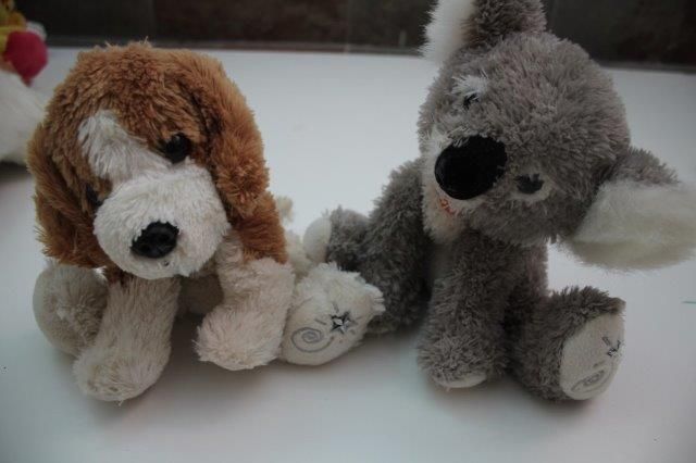 peluches- vários cães, um coala, um galo e um pato