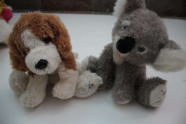 peluches- vários cães, um coala, um galo e um pato